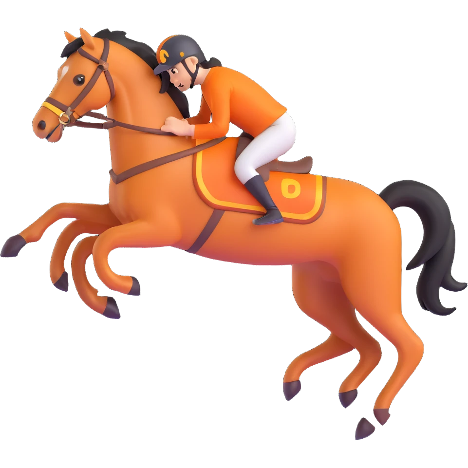 Hermès-style horse jumping, modern design, orange and gold details, 3D style, white or transparent background emoji