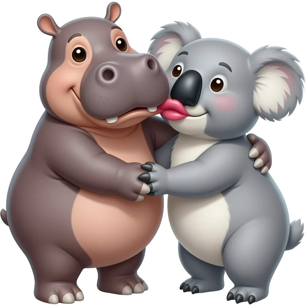 Hippo kissing koala on lips. Hugging. emoji