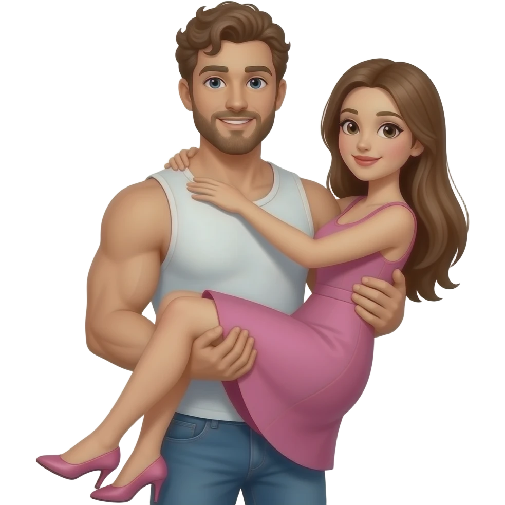Realistic white skin brown short curly hair with beard muscular man carrying white skin long straight brown hair girlfriend wearing aesthetic pink dress HD emoji