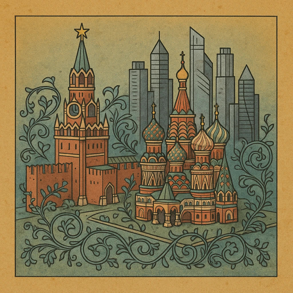 Изометричная миниатюрная 3D модель Москвы - Кремль, собор Василия Блаженного, Сити,  аккуратная детализация, яркие цвета мультяшный реализм, компактная композиция,  вид сверху в изометрии emoji