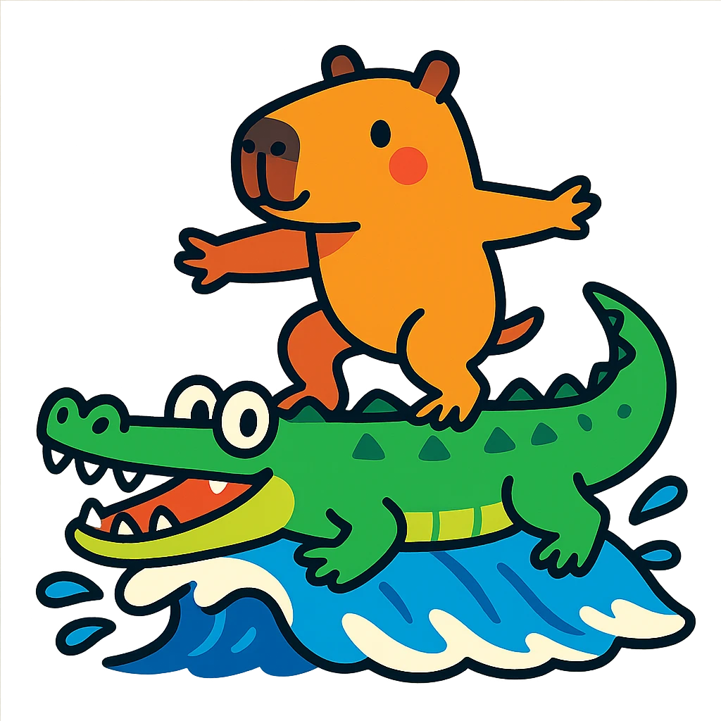 a capybara surfing on a crocodile, colorful cartoon style emoji