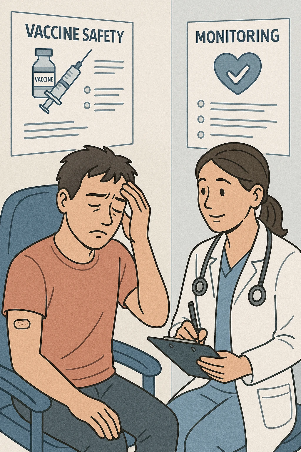Vertical, educational medical illustration: a healthcare professional observes a patient who appears unwell after receiving a vaccine. The patient sits in a clinic chair, showing mild symptoms such as fatigue or headache, while the professional takes notes and offers reassurance. The background includes educational posters about vaccine safety and monitoring. emoji