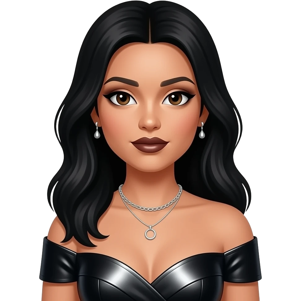 Natalie Nunn with dark brown eyes, long black hair, silver eyeshadow, dark brown lipstick, black metallic off shoulder dress, silver necklace and earrings emoji
