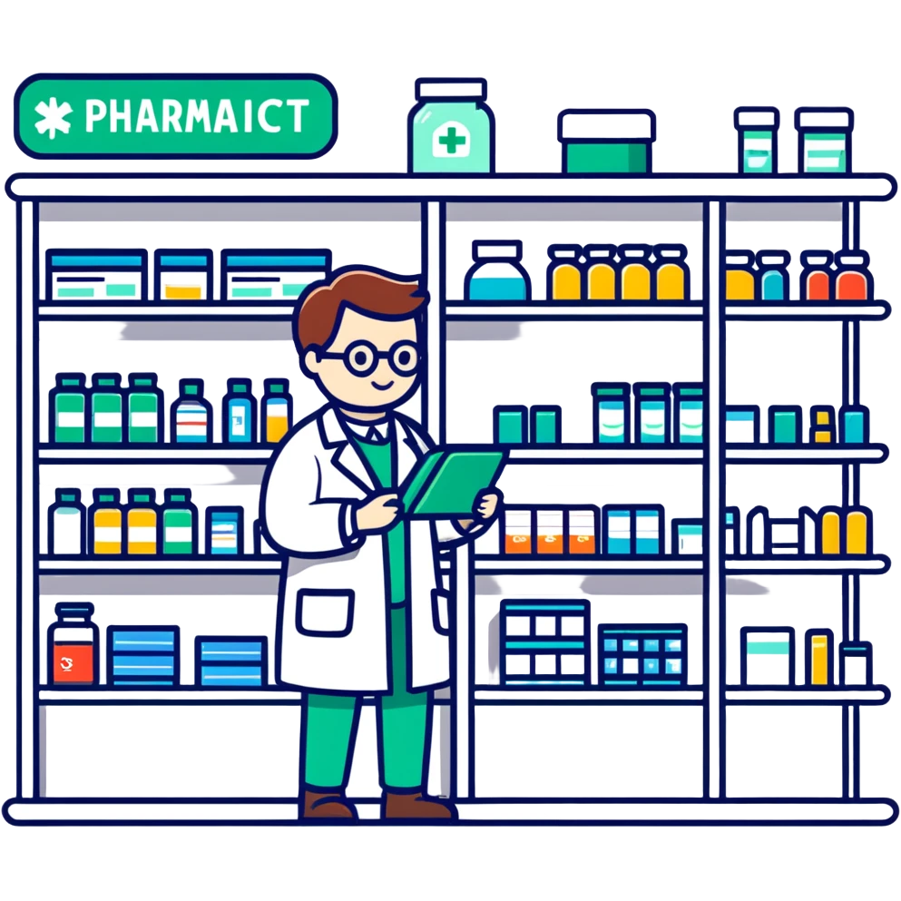 pharmacy shelves, pharmacist, sign emoji