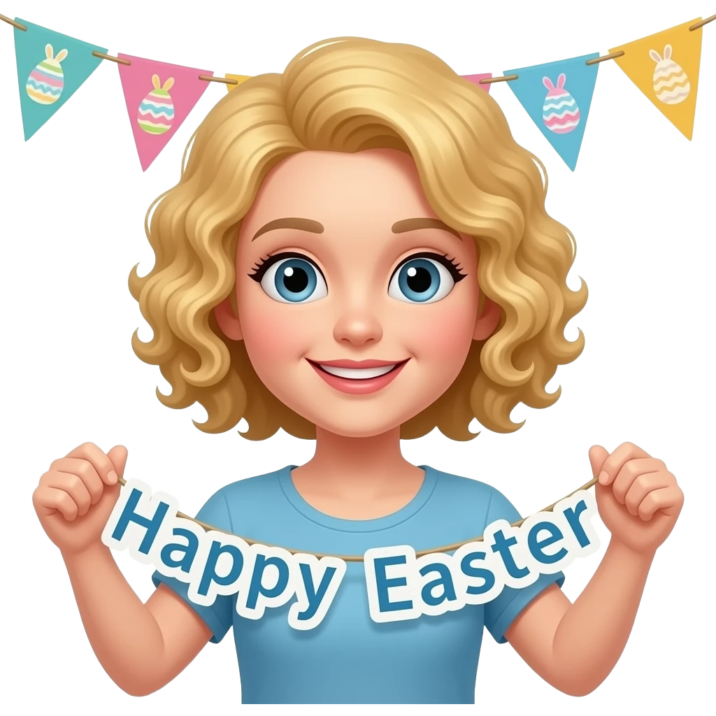 blonde tight curly hair in a short bob holding  happy Easter with easter blouses banner behind emoji