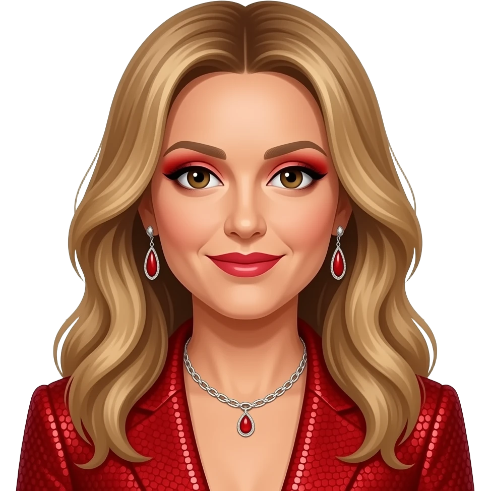 Celine Dion with brown eyes, long golden brown hair, red eyeshadow, hot pink lipstick, red pop idol outfit, necklace and earrings emoji