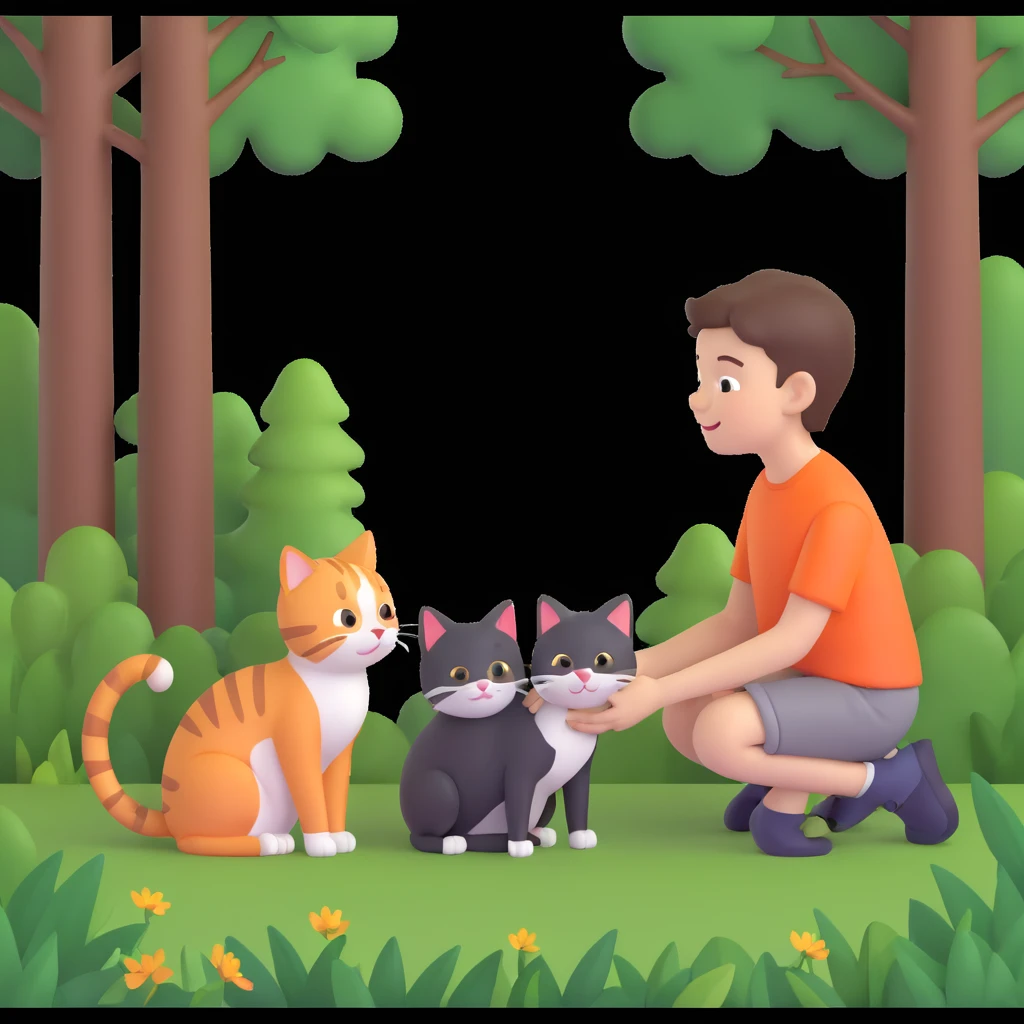 boy and cat pet in forrest background, close up pose emoji