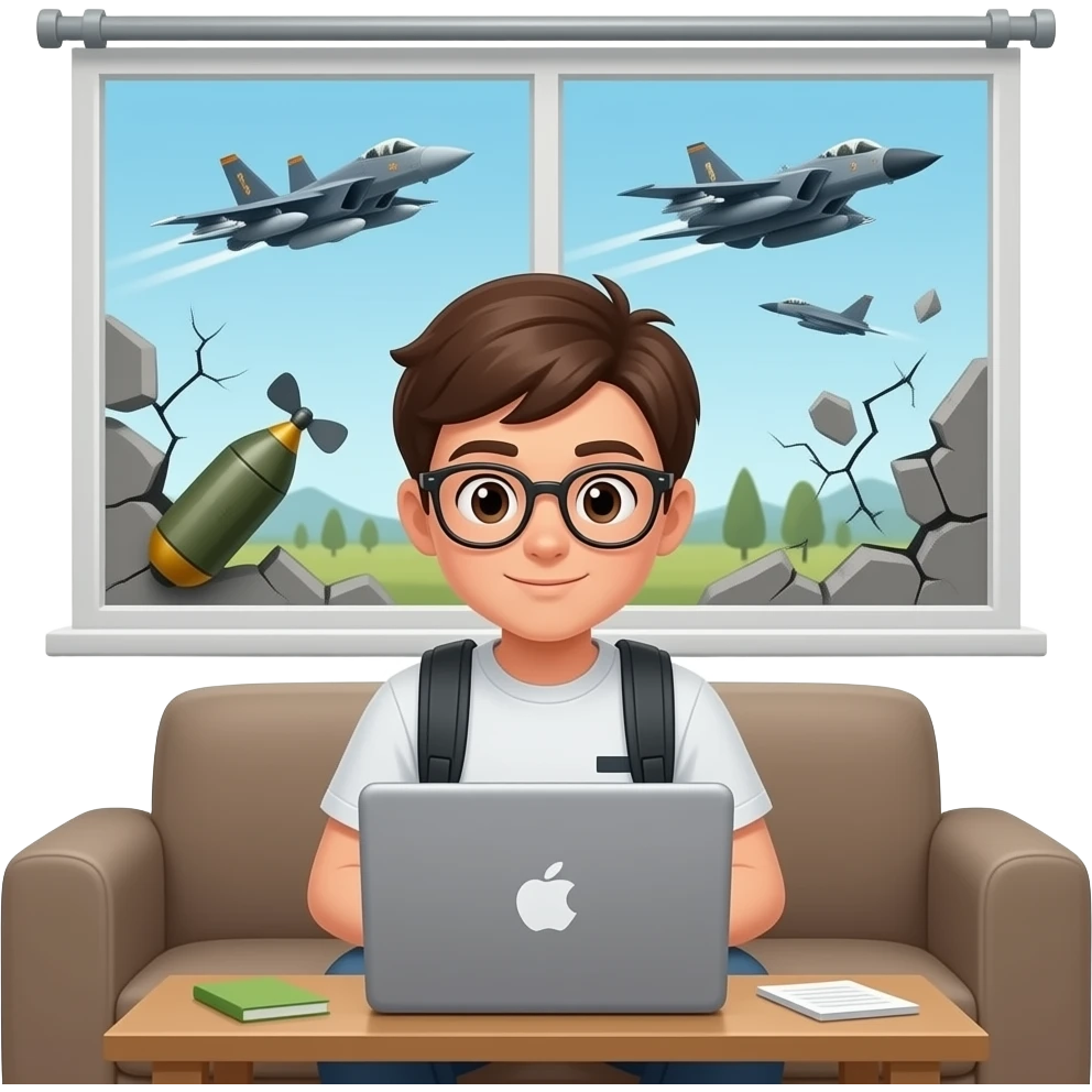 a student is sitting at home in front of his laptops while outside of the window a war is happening with drones, jets and bombs, cracks everywhere but the student is save in front of his laptop emoji