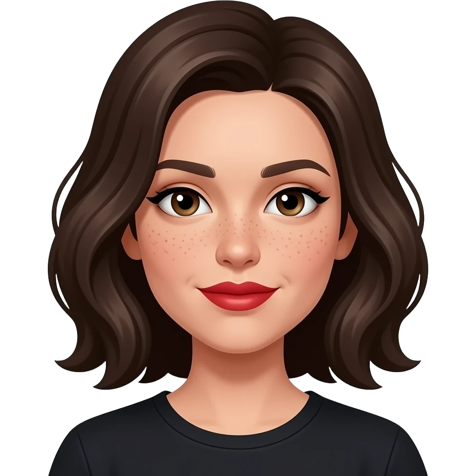 vector-style avatar of a woman named Iris, centered, solid black background, wavy shoulder-length dark hair, fair skin with distinct freckles across her cheeks, and bold red lips. emoji