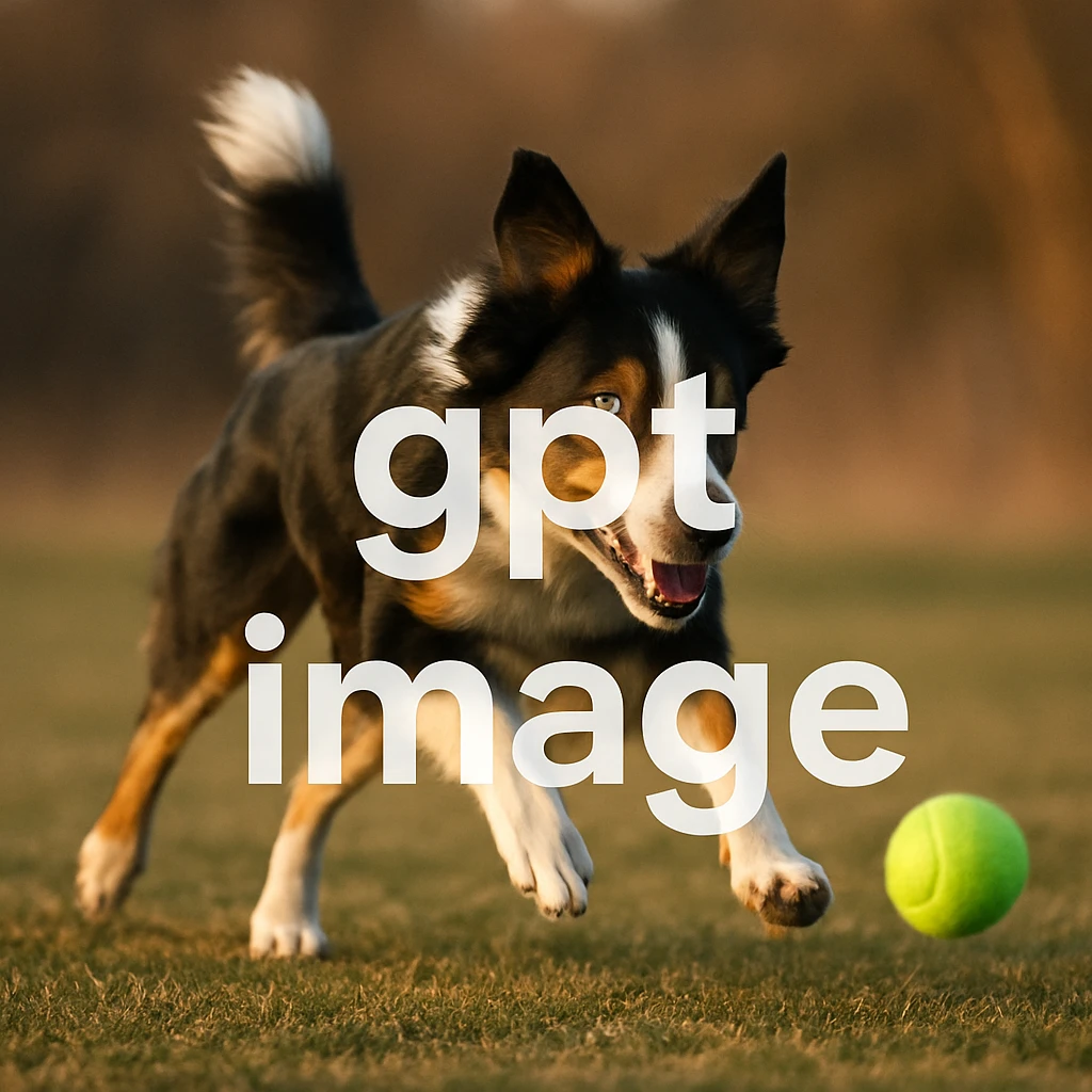  logo with text "gpt image" on the background of a dog chasing ball, realistic image emoji