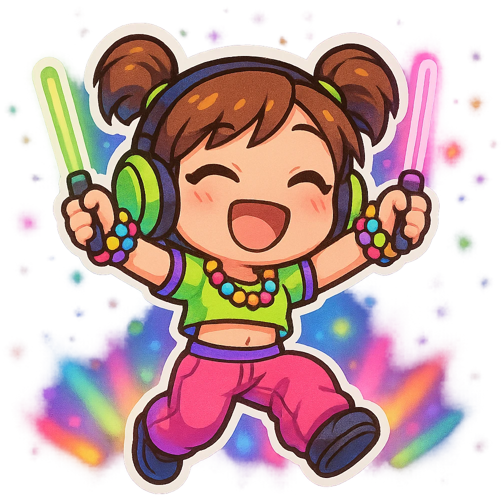 chibi-style rave dancer with glowsticks, neon clothing, huge smile, jumping to the beat, vibrant party atmosphere emoji