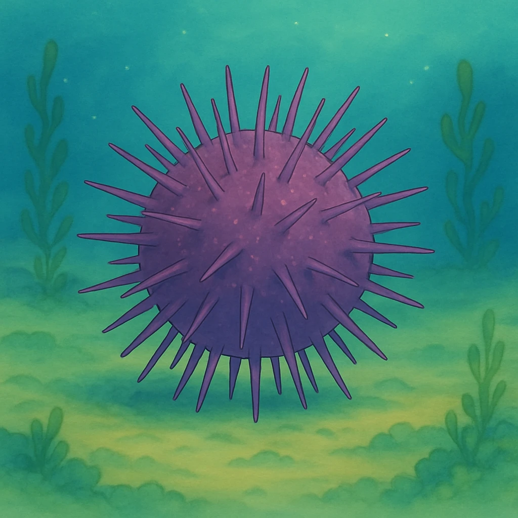 Another sea urchin in Ghibli style, underwater scene, round and spiky, with a hint of purple, no text. emoji