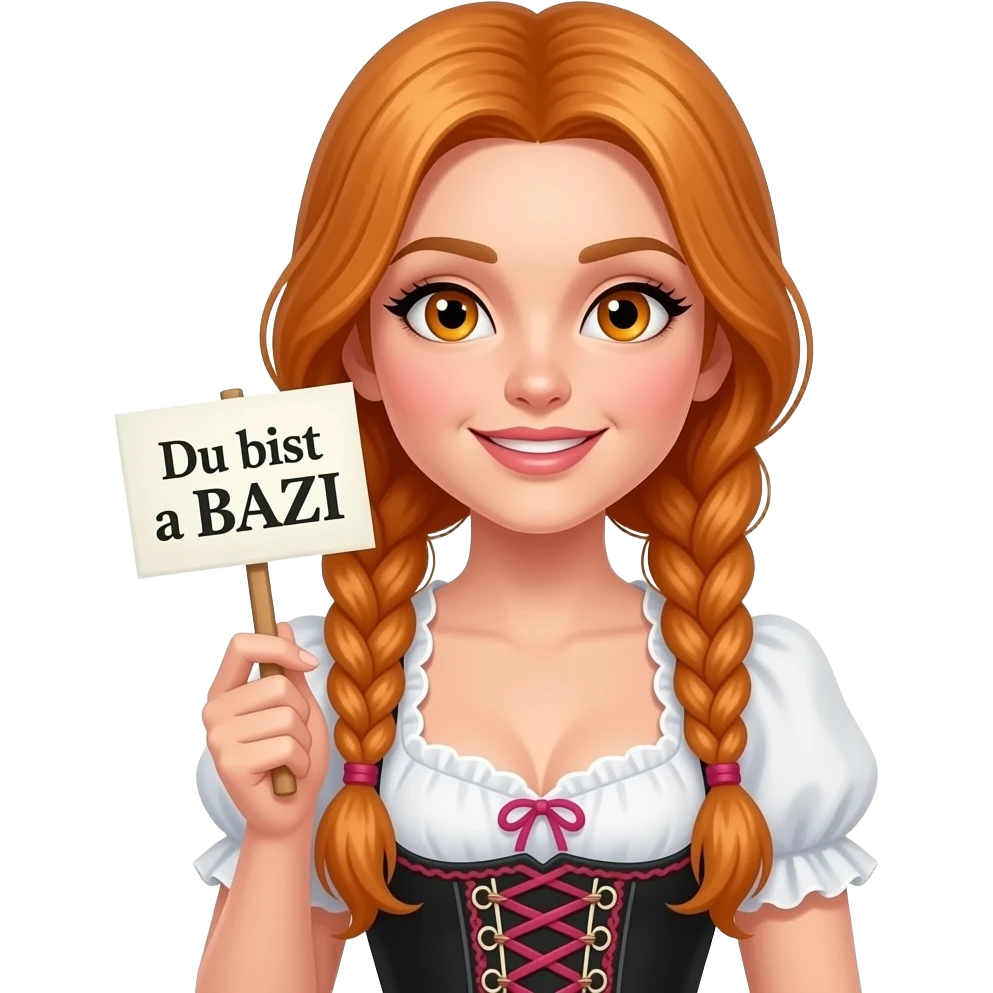 sexy girl with overlong ginger hair in braids and ginger eyes wearing a dirndl holding a Du bist a BAZI sign emoji