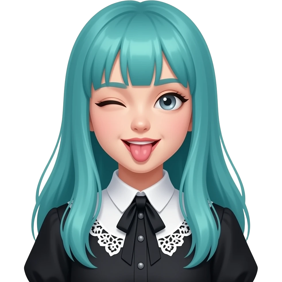 girl, winking, tongue out, long flowing teal hair, grey eyes, black shoulder cyberpunk blouse with fancy white collar emoji