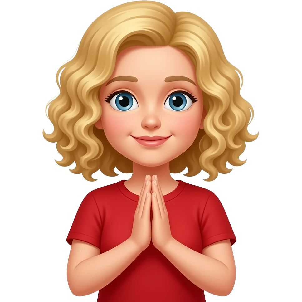 blonde curly bob praying with both hands in red shirt emoji