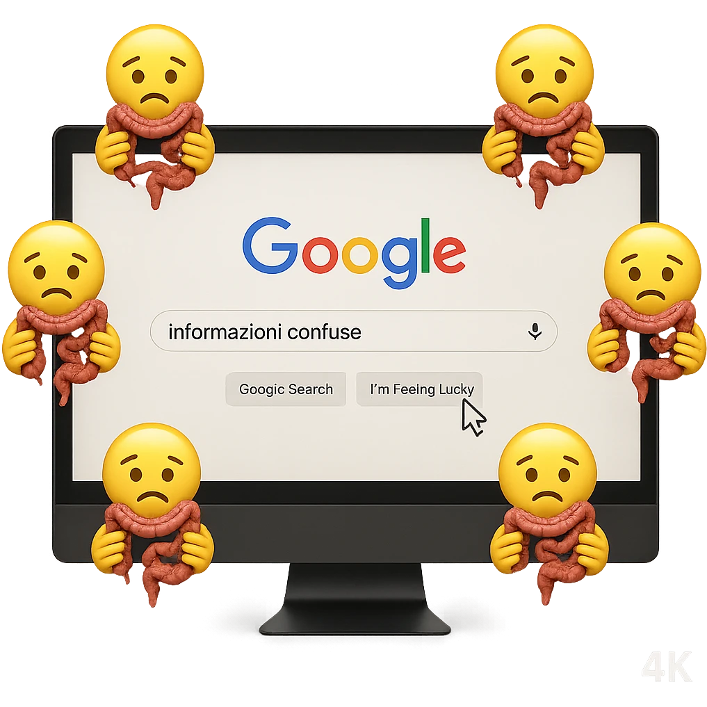 SCHERMO DI PC CON LA SCRITTA "informazioni confuse" SULLA BARRA DI RICERCA GOOGLE SULLO SCHERMO E IL CLICK DEL MOUSE SULLA SCRITTA CERCA, stile emoji iphone fluttuano in aria stringendo in mano un pezzo di colon intestinale, iperrealistico 4k emoji