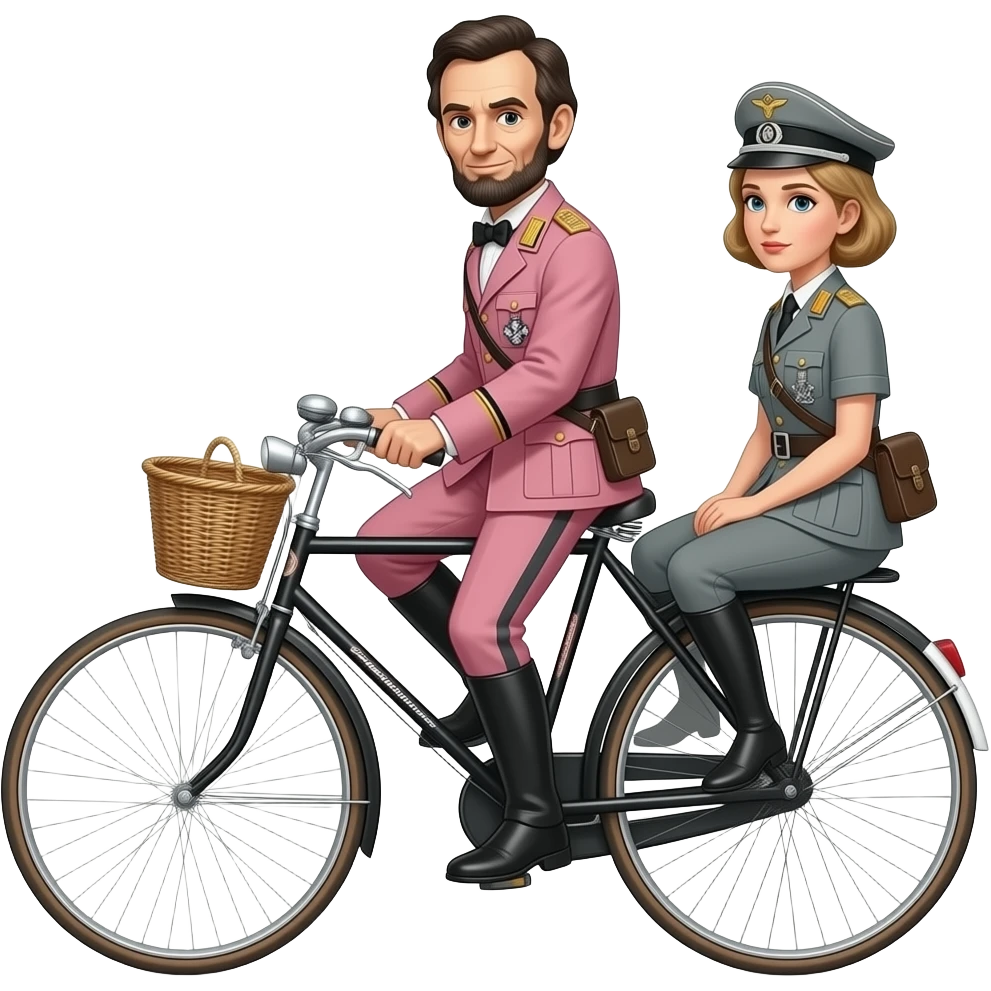 cinematic realistic - Abraham Lincoln in the pink German uniform of World War II transports the thin and serious Ivana from Orléans on a vélocipède emoji