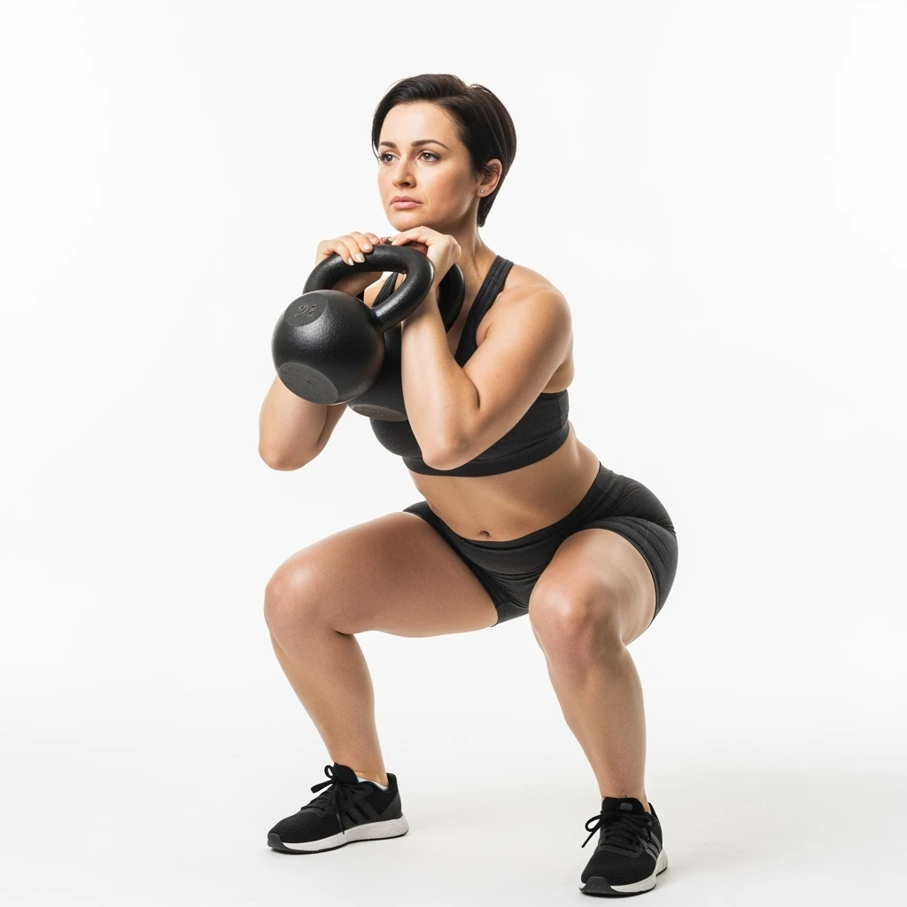 DONNA FITNESS CON CELLULITE CHE FA SQUAT CON KETTLEBELL ED ESPRESSIONE TRISTE, ISOLATA SU SFONDO BIANCO emoji