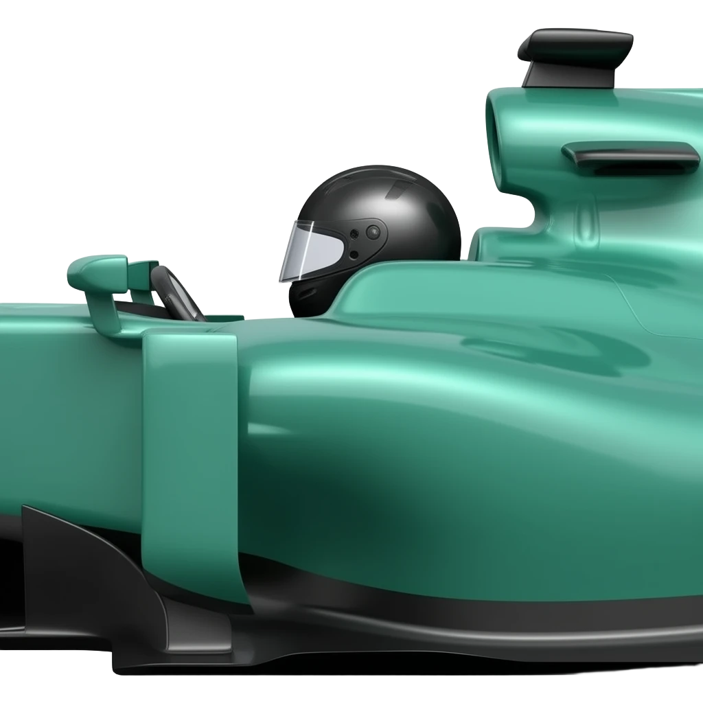 Real looking Aston Martin green f1 car SIDEWAYS with the driver inside the car wearing a black helmet emoji
