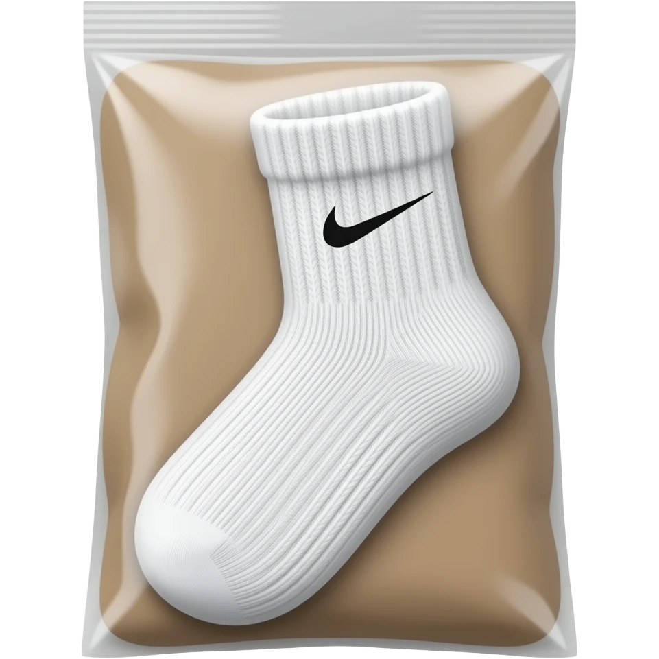 Vacuum sealed white Nike sock close-up, ribbed texture, blurred wood. emoji