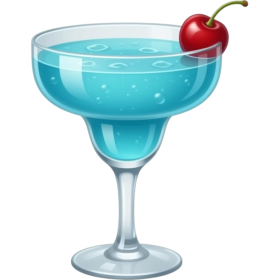 #A0F4F4 color cocktail in margarita glass with a single small cherry on top, cleann and calm surface with no splashes and no bubbles emoji