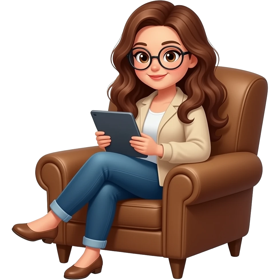 detailed emoji illustration of a curvy woman with long chestnut brown wavy hair, light brown eyes and round glasses sitting in a brown vintage armchair while reading on an e-reader tablet, cozy reading atmosphere, cute emoji style emoji