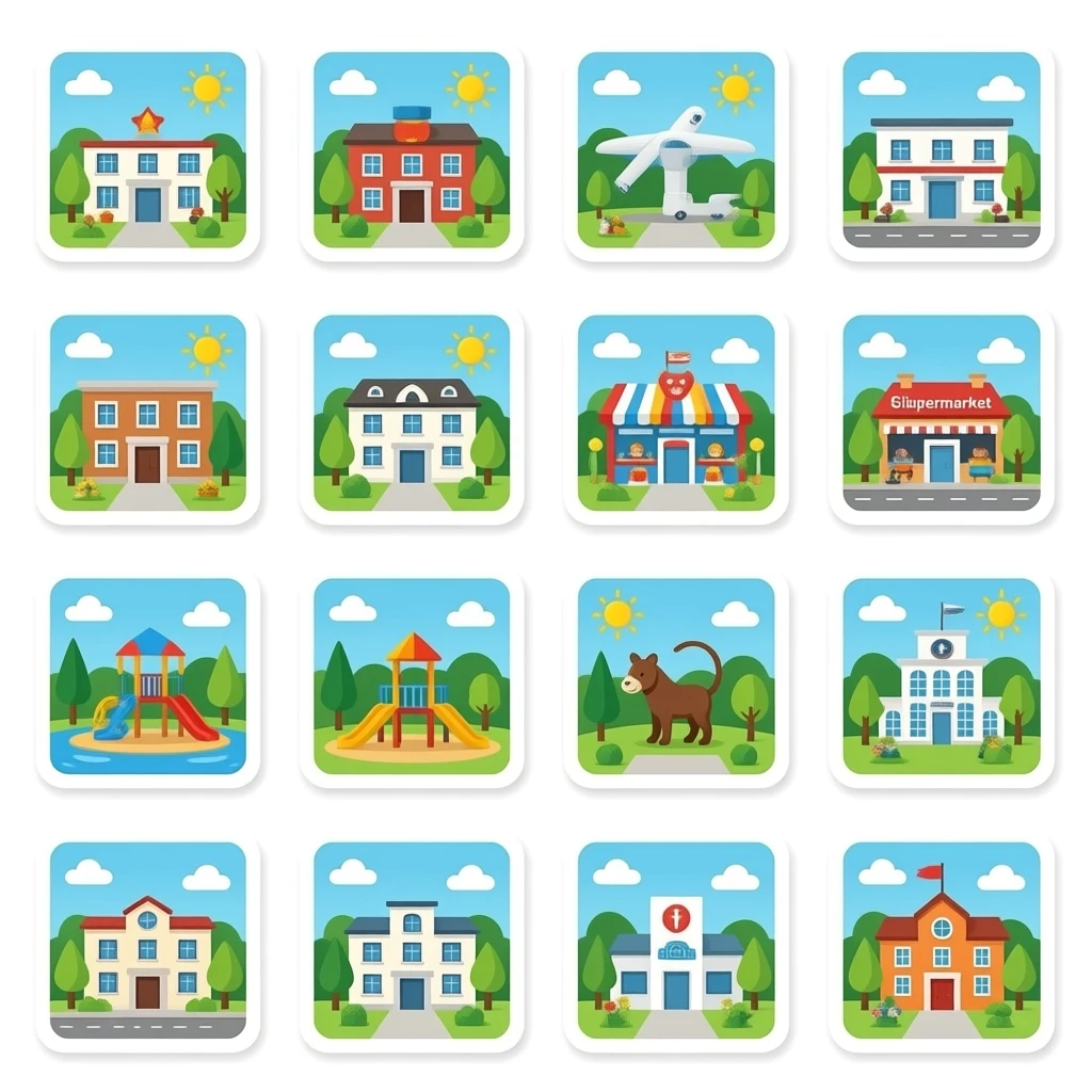 All the neighborhood: Police station, fire station, airport, restaurant, supermarket, library, cinema, toy shop, playground, zoo, museum, office, hospital, and school emoji