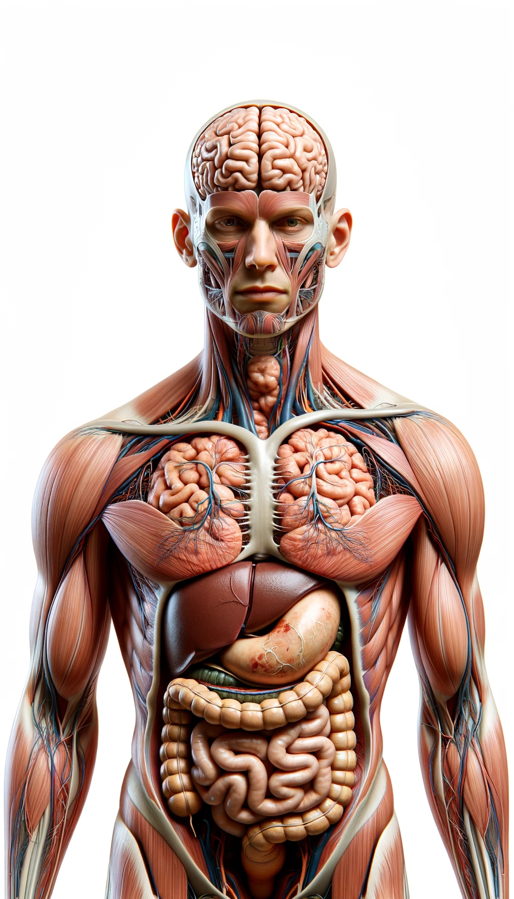 corpo umano anatomico con cervello, intestino e stomaco in evidenza, espressione neutra in volto, posa frontale, iperrealistico 4k, isolato su sfondo bianco emoji
