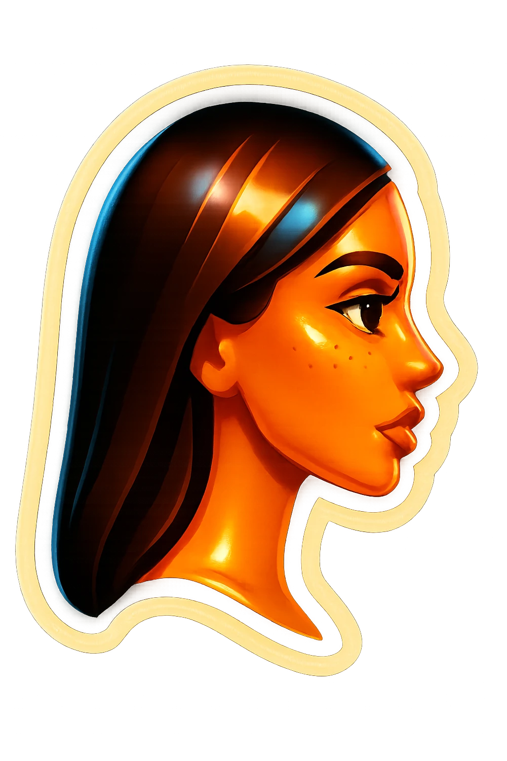 Create a side view (profile) of this woman's head, matching the same cartoon emoji style of the reference image, with long dark hair and similar facial features. Variant 3. emoji