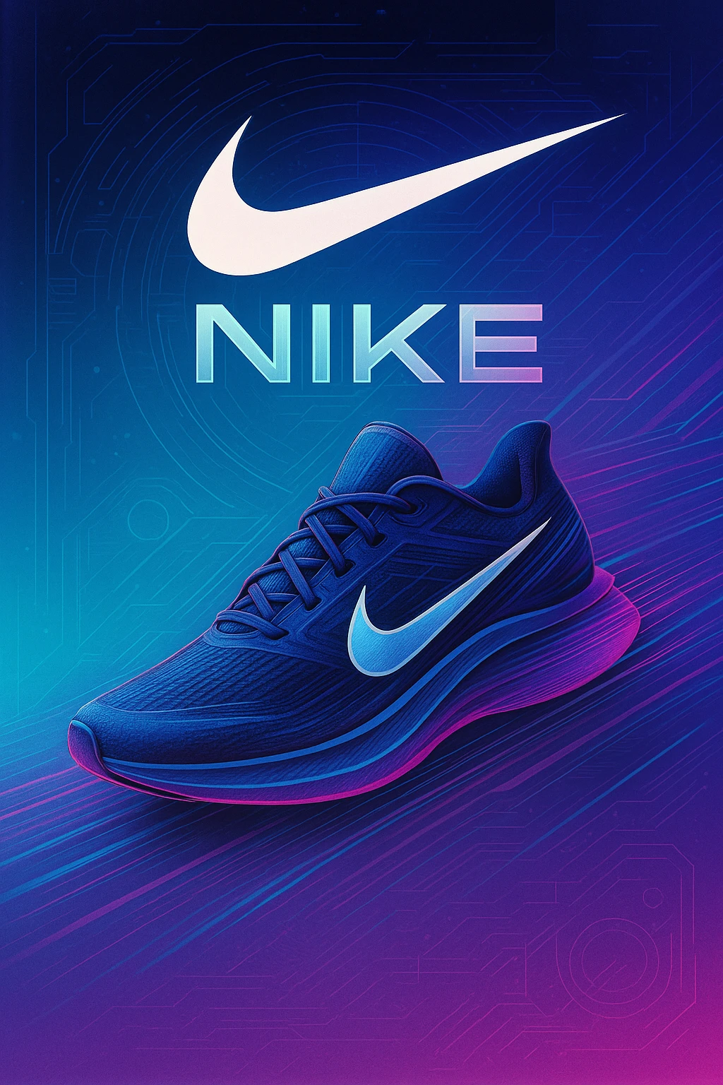 creative poster for Nike's new shoes, shoes in motion with Nike logo, futuristic and innovative style, gradient colors, eye-catching graphics emoji