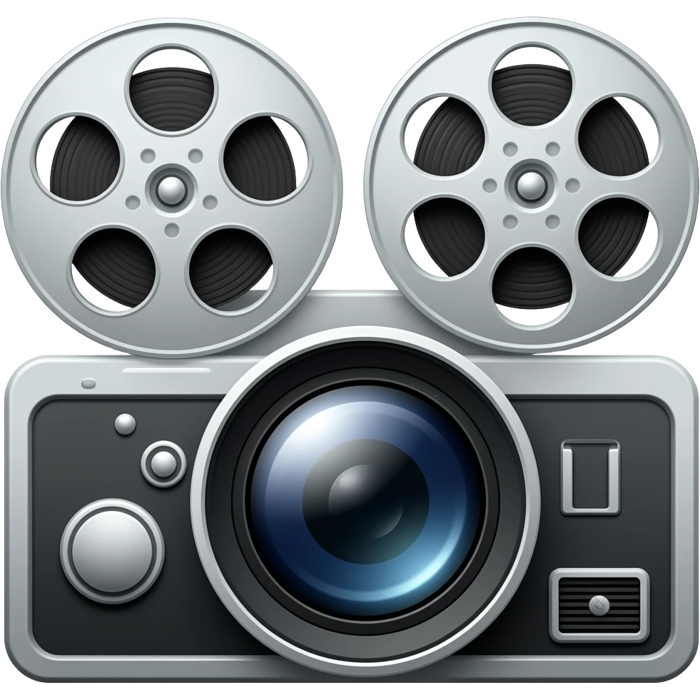 Glossy 3D rendered vintage movie film camera emoji, large cinematic lens, front-facing, detailed with film reels, warm friendly aesthetic, slightly rounded edges, soft shading, white background emoji