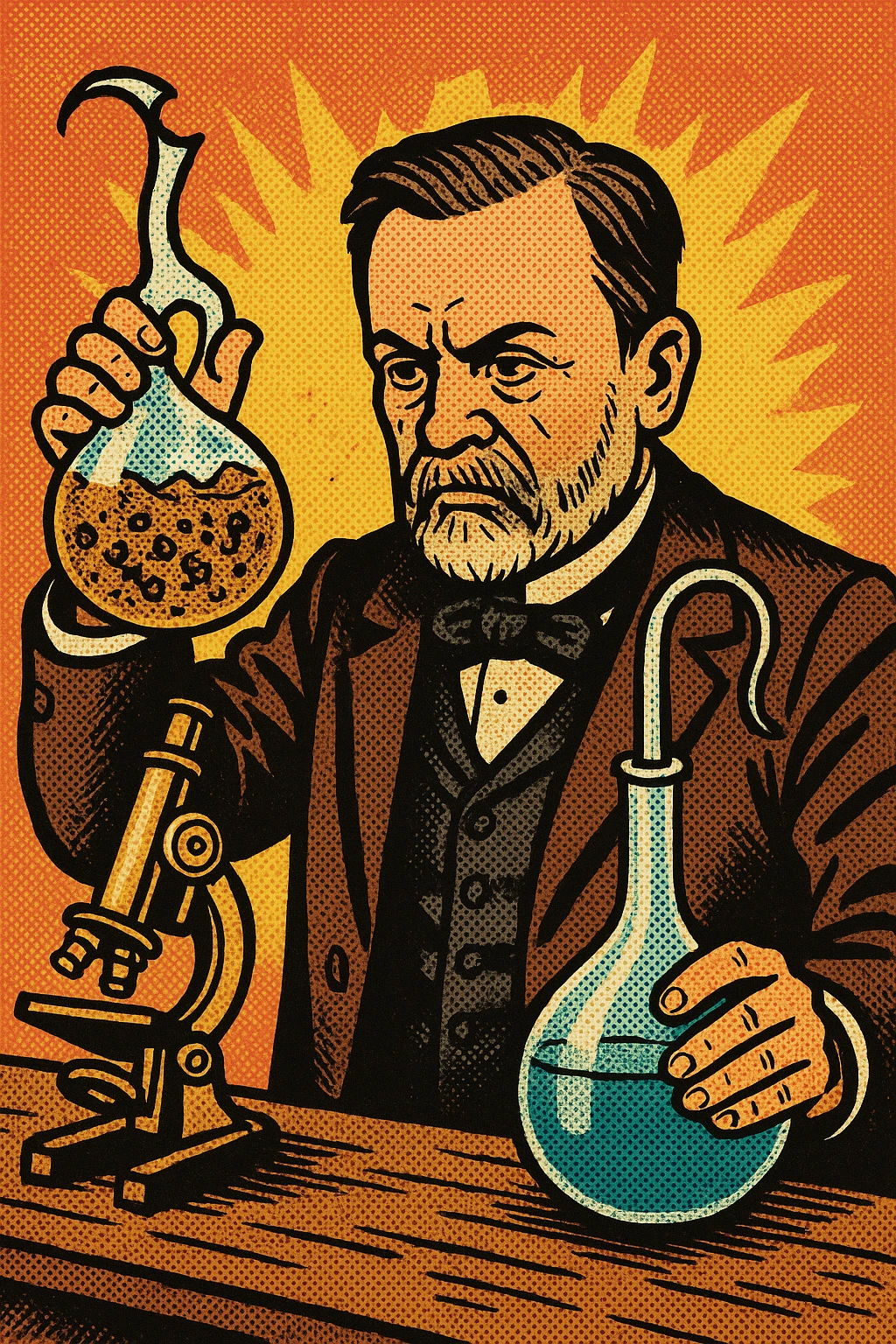 A victorian scientist like Louis Pasteur experimenting with two glass swan neck flasks.  One of the flasks has a broken top and contains lot of bacteria in water.  The other flask is sealed and contained clear water.  There is also a microscope on Pasteur's desk. emoji