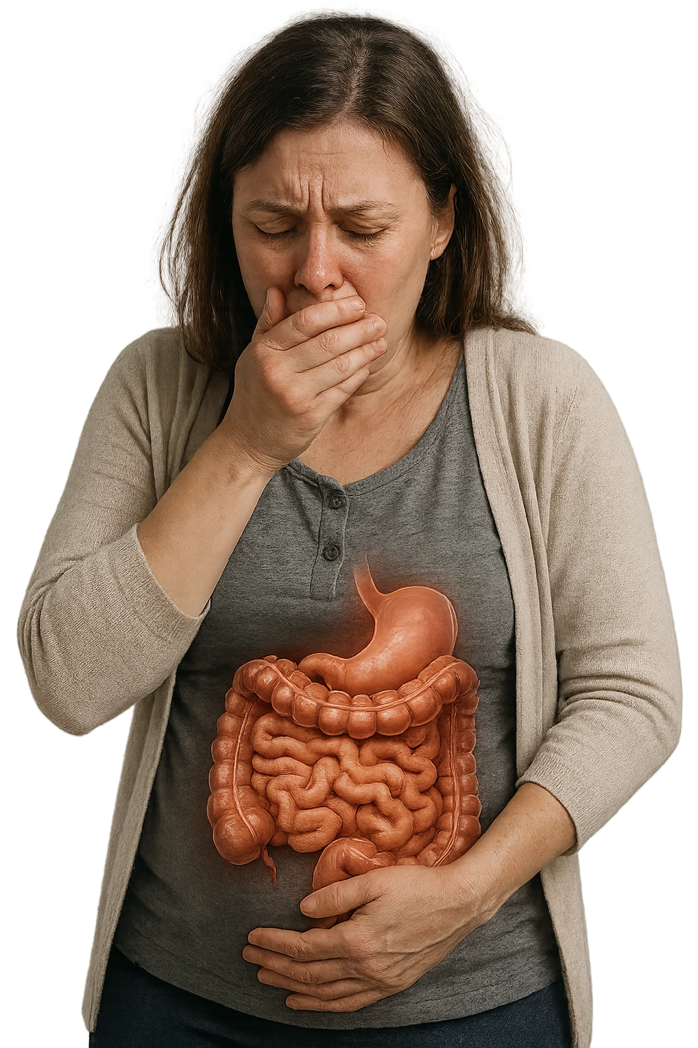 donna che ha post partum che soffre di nausea, intestino realistico in evidenza, iperrealistico, non disegnato emoji