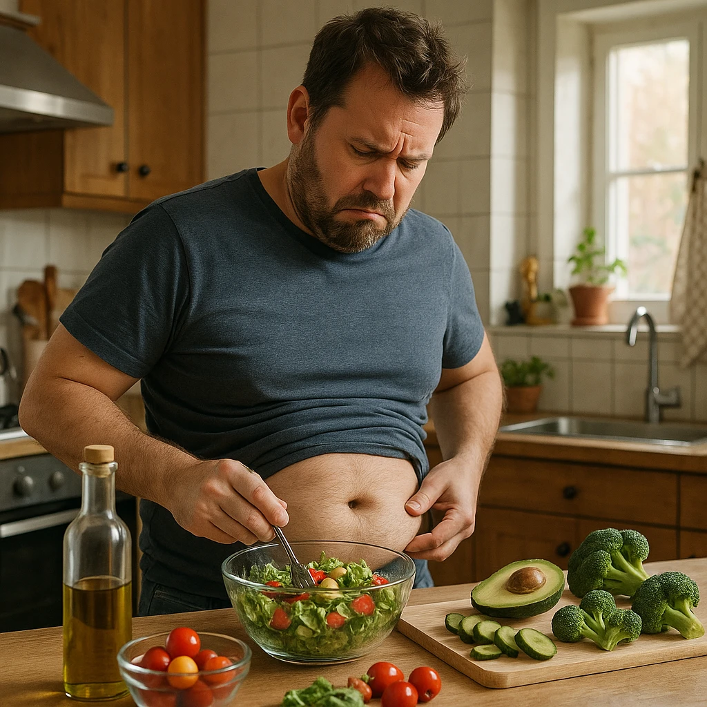 hyper realistic 4K image of a man preparing a healthy meal, showing frustration about stubborn belly fat, kitchen details, everyday atmosphere emoji