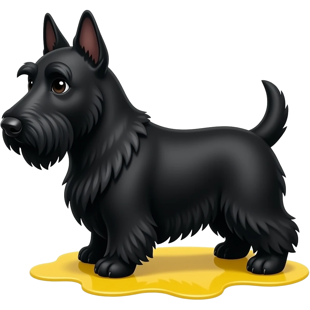 Black Scottie dog, small yellow puddle under his rear back legs emoji