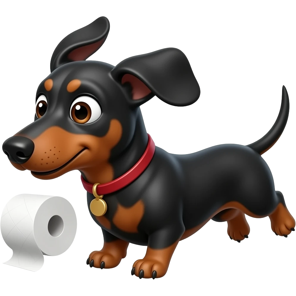 whimsical dachshund wide eyes full body chasing toilet paper emoji