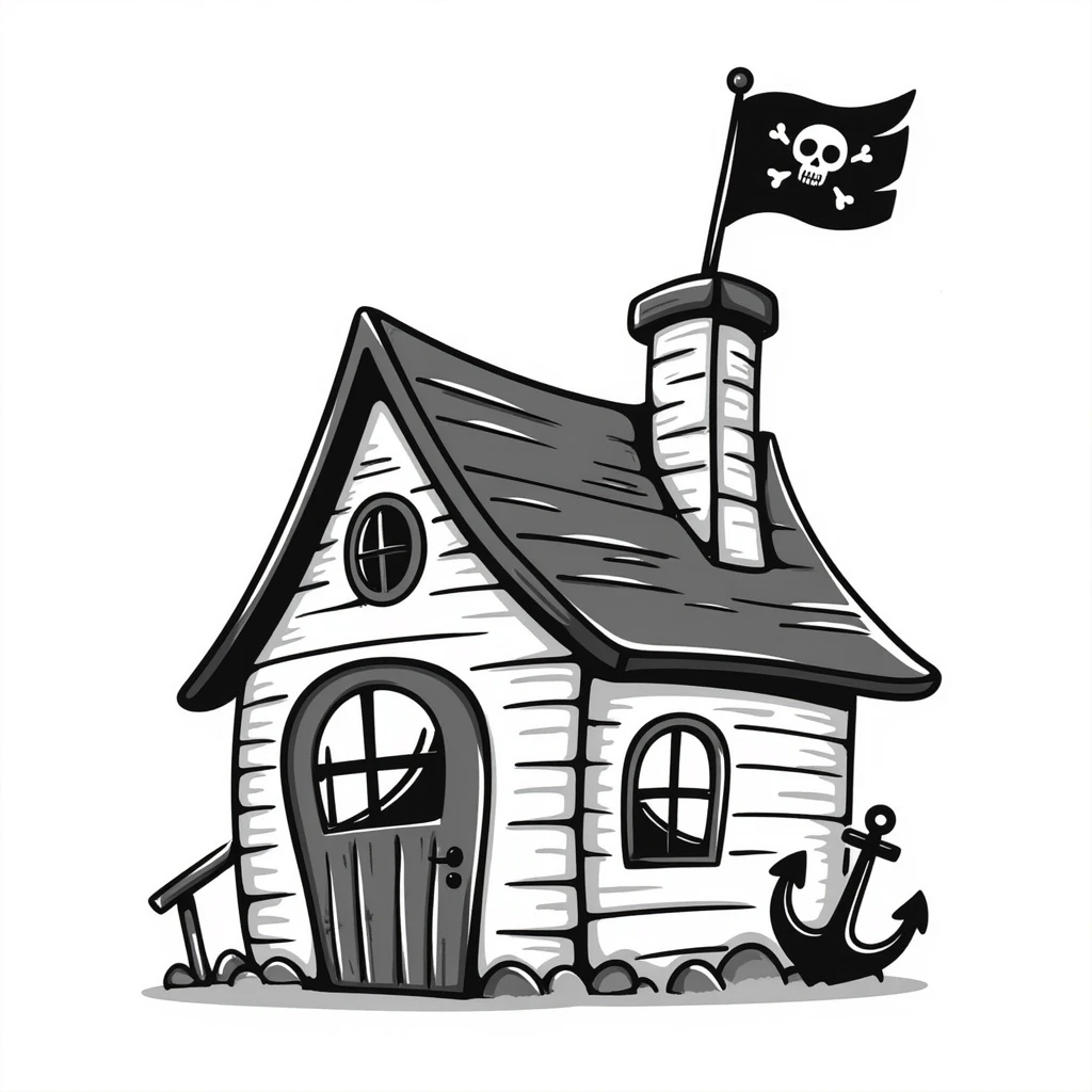 old pirate's house with skull flag emoji