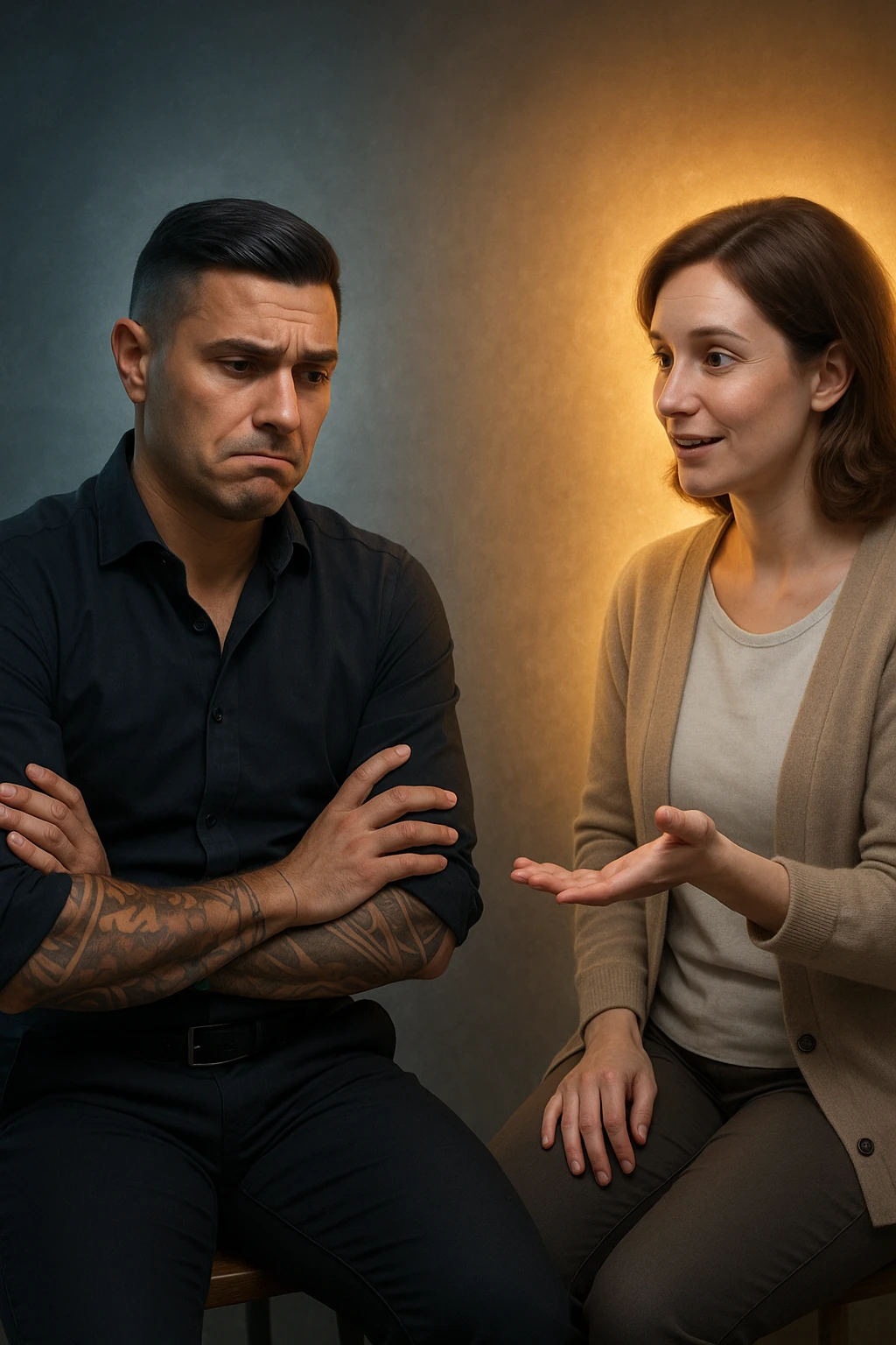 Uomo tra i 30 e i 40 anni seduto su una sedia, sguardo dubbioso, con le mani incrociate in grembo. Di fronte a lui, una donna calma e gentile gli parla e gli offre una soluzione con gesto aperto. Intorno a lei, un’aura luminosa. Intorno a lui, la sua aura maschile si affievolisce, come se stesse perdendo forza interiore. L’uomo appare indeciso, la postura è passiva. Ambientazione neutra, toni simbolici, atmosfera silenziosa. Luci fredde e calde in contrasto. Stile realistico con accenti metaforici emoji