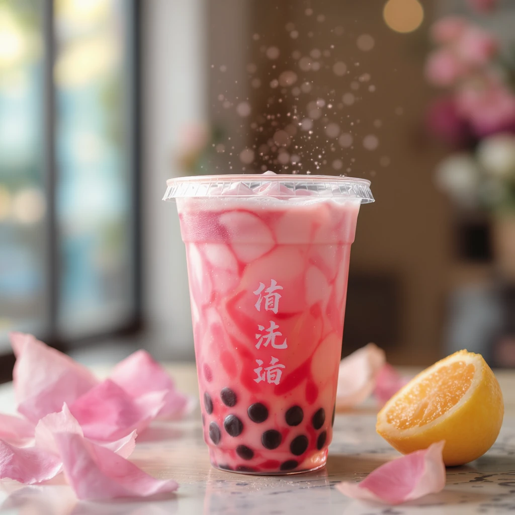 photorealistic elegant pink bubble tea with sparkles, transparent background emoji
