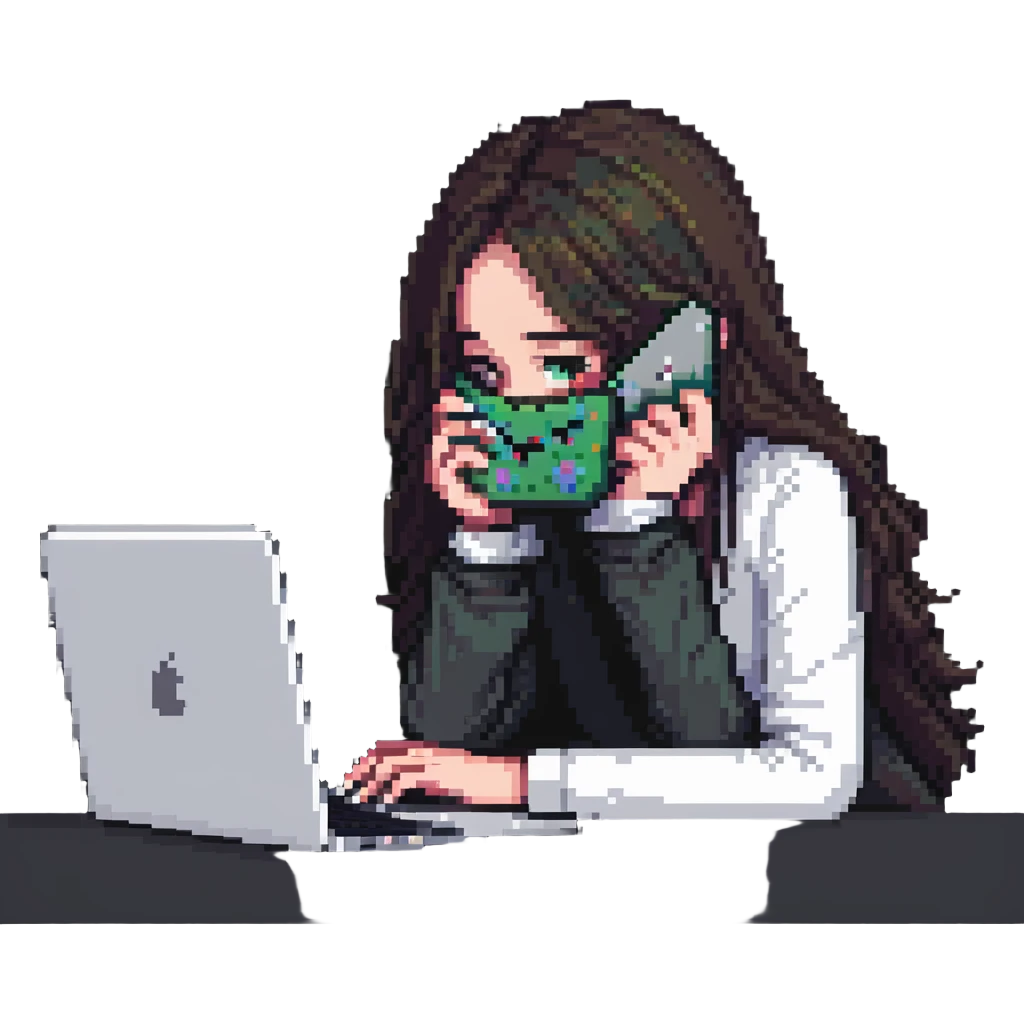 girl hiding her face while working behind a MacBook, pixel art style emoji
