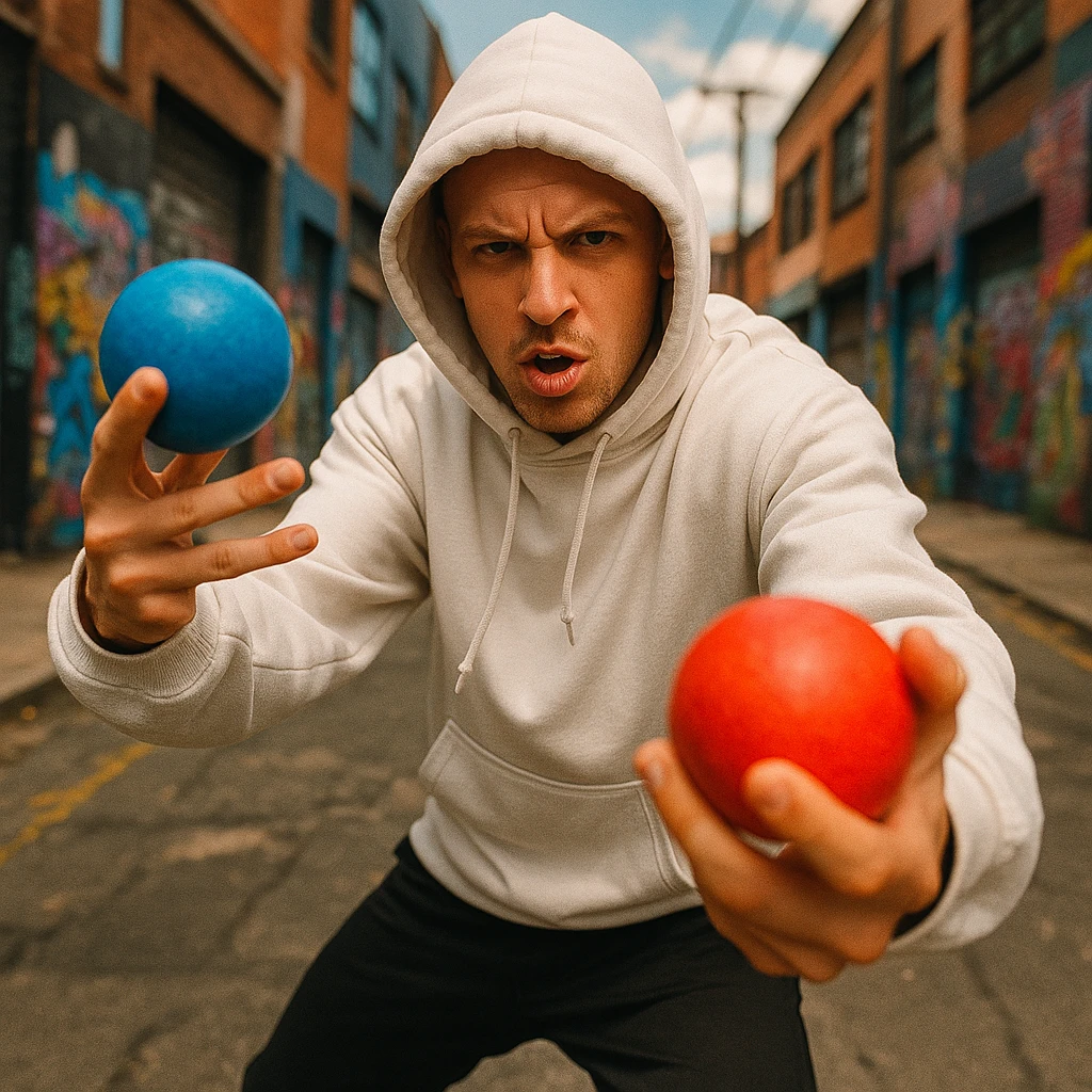 A white rapper in a hoodie, blue and red balls in opposite hands, dynamic pose, hip hop vibe emoji