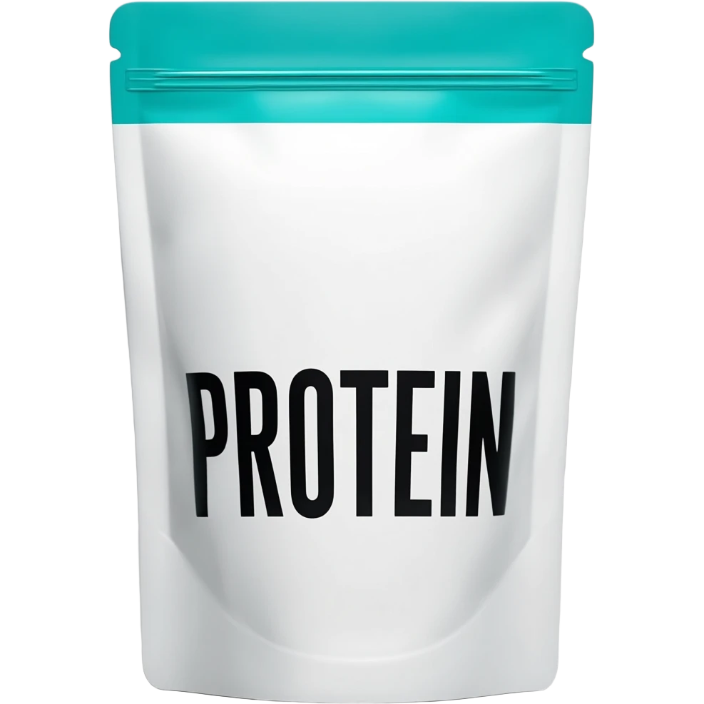 Minimalist studio shot of a white resealable protein pouch with a teal top, bold black text on the front, clean white background, soft lighting, high-resolution product photography. emoji