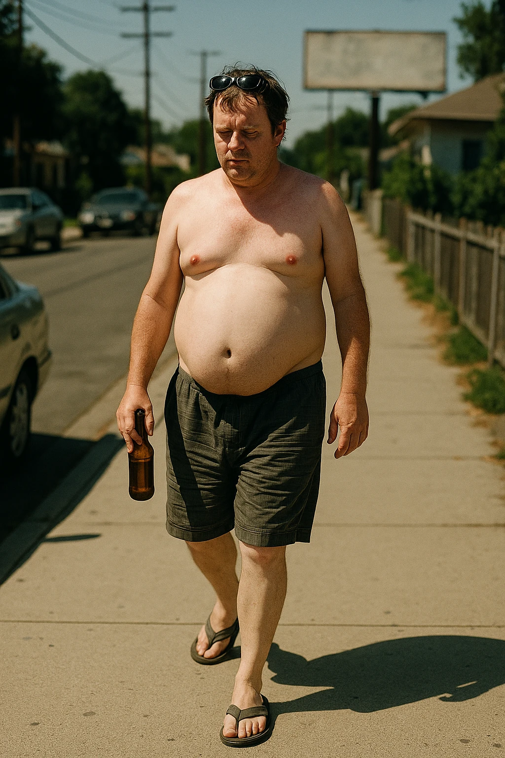 A cinematic daytime street photo of a shirtless man in his mid-40s walking slowly down a suburban sidewalk. He has a visible beer belly, pale skin slightly arrossata dal sole, and holds a brown glass bottle of beer loosely in his right hand. He wears baggy shorts and worn-out flip-flops, with messy hair and sunglasses on his head. His expression is indifferent, relaxed, almost detached. Around him, the street is quiet: parked cars, a low fence, and a faded billboard in the background. Lighting is high noon with strong shadows, emphasizing the roundness of his belly and the glint of the bottle. Style: 35mm film, high realism, slightly desaturated tones, shallow depth of field to focus on the subject’s body language and lifestyle emoji