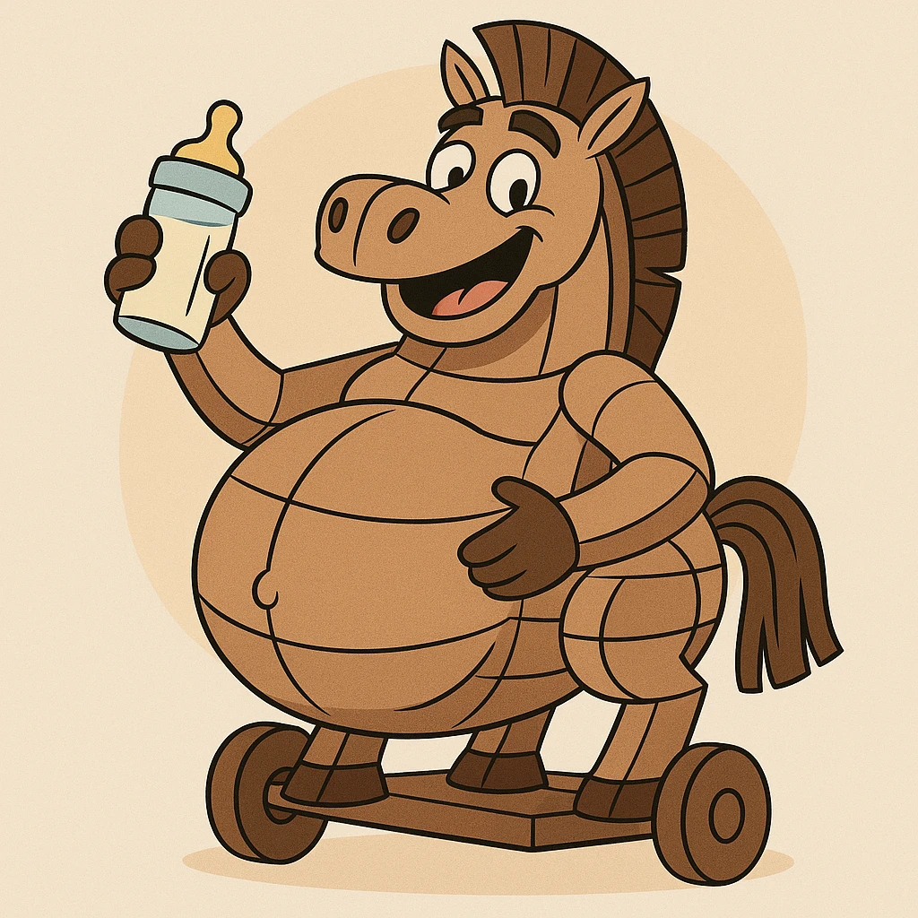 modern comic style of a trojan horse with a baby belly, smiling and holding a baby bottle, funny and cute emoji