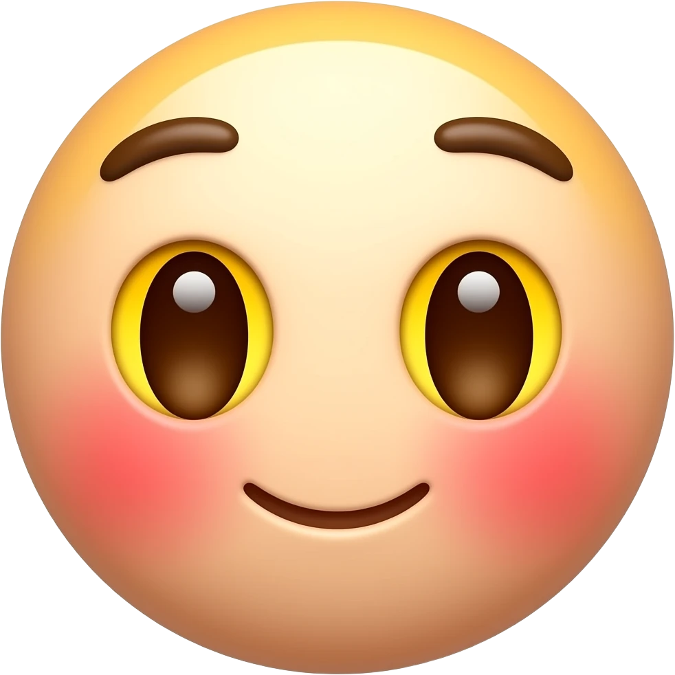 새빨간 얼굴의 홍조를 하고 있는. 노란 눈알  갈색 동공.   귀여운  카툰 만화 입체적 이모티콘 emoji