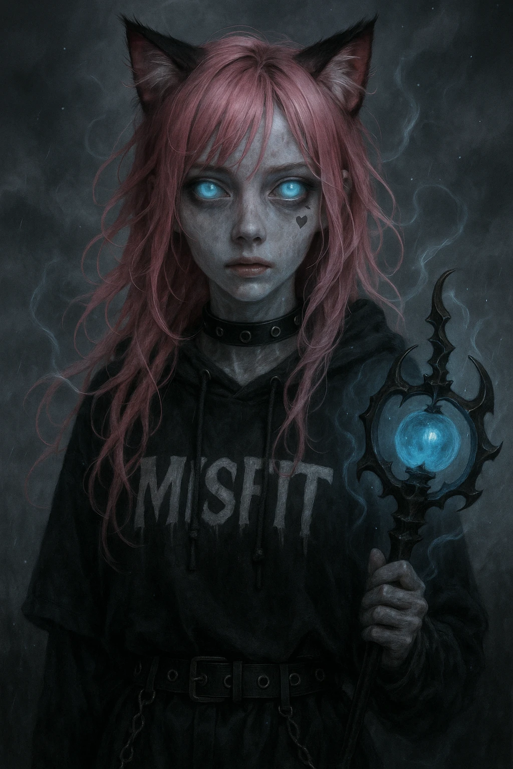 realistic anime catgirl with pink hair, emo streetwear, heart tattoo under left eye, dark magical accessory, sparkles, stormy background, ghostly horror look with translucent skin, glowing blue eyes, and ethereal wisps emoji