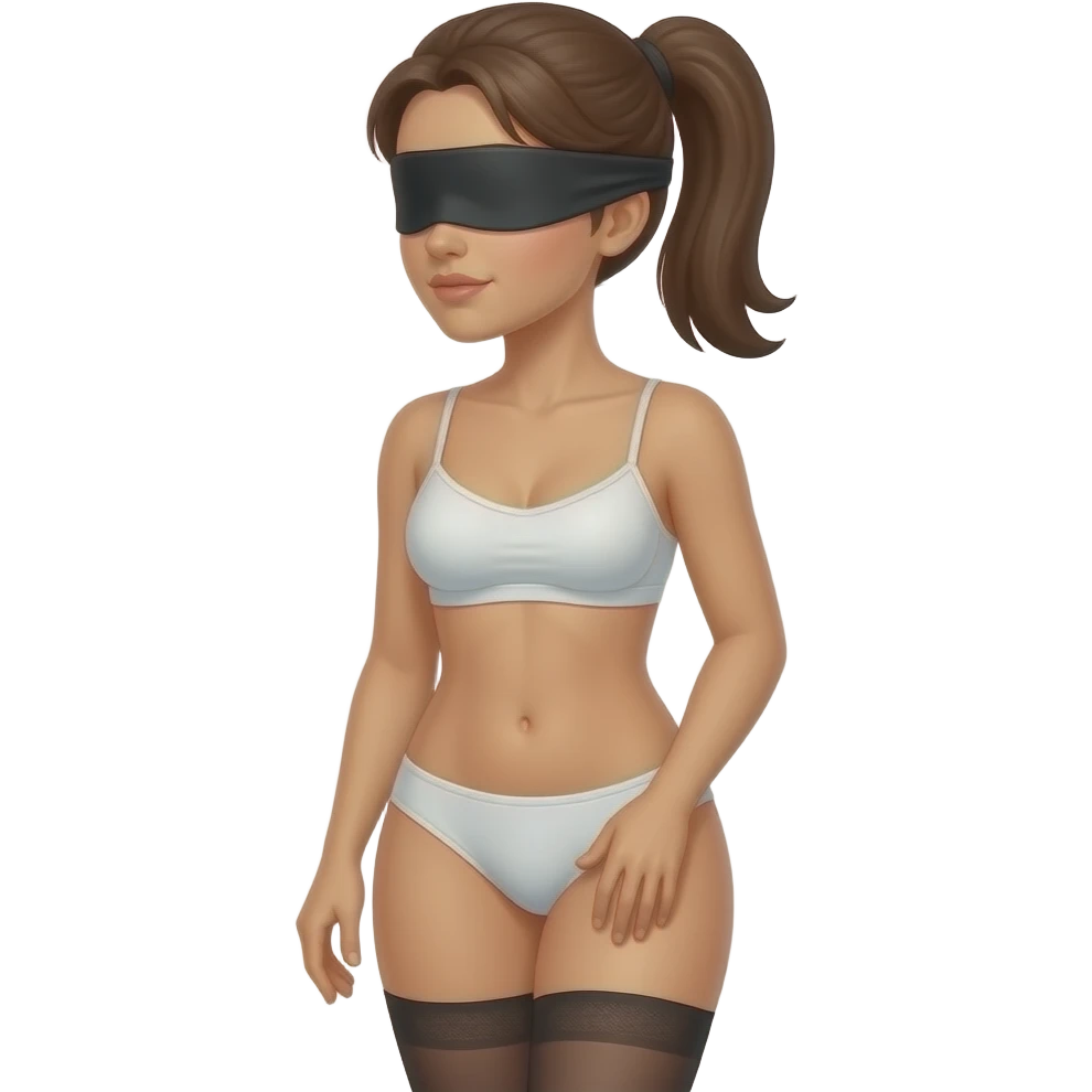woman in blinfold, in white underwear, with ponytail, over knee, being spanked on the bottom emoji