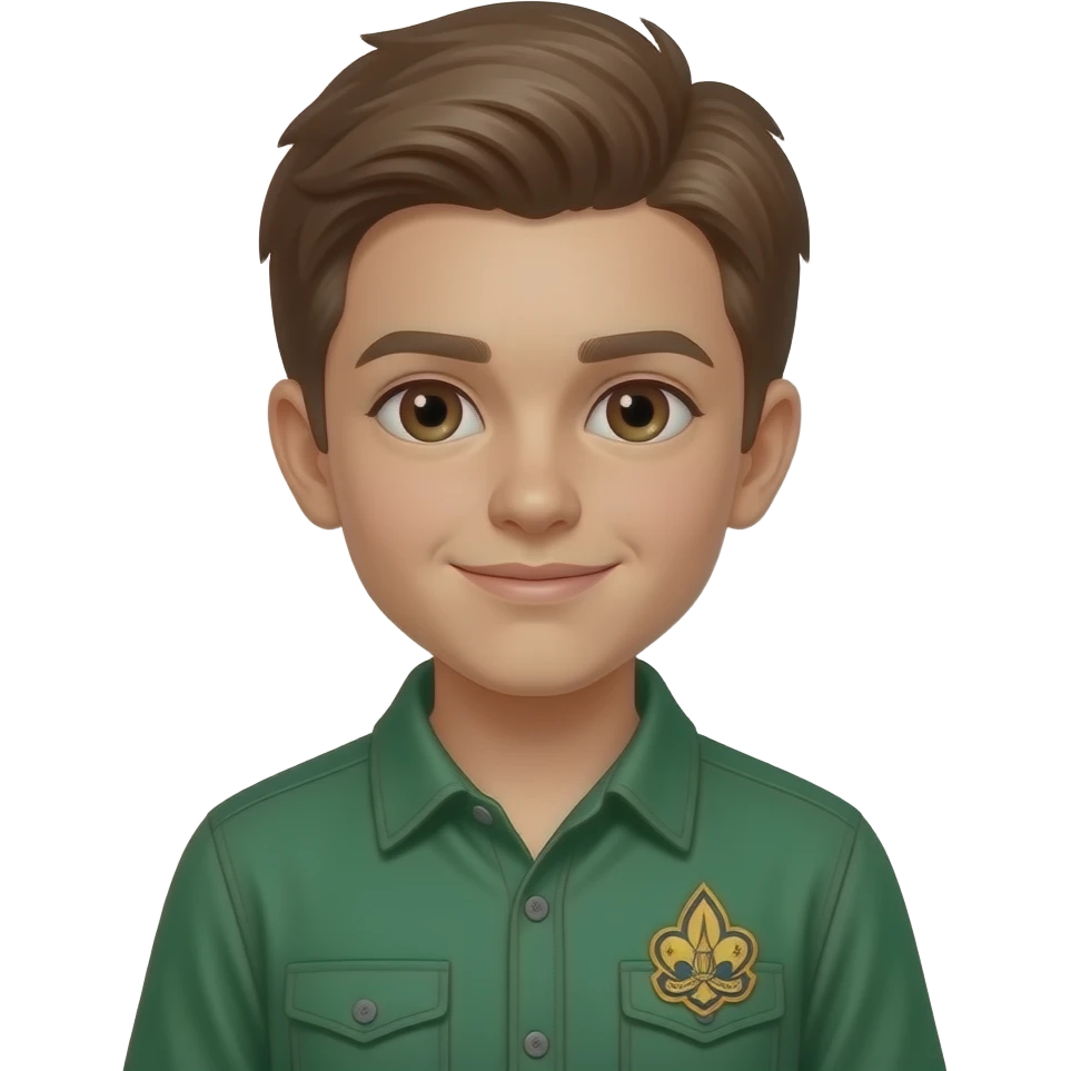 Scout Green shirt, Caucasian boy, brown hair and eyes scouts canada badge emoji
