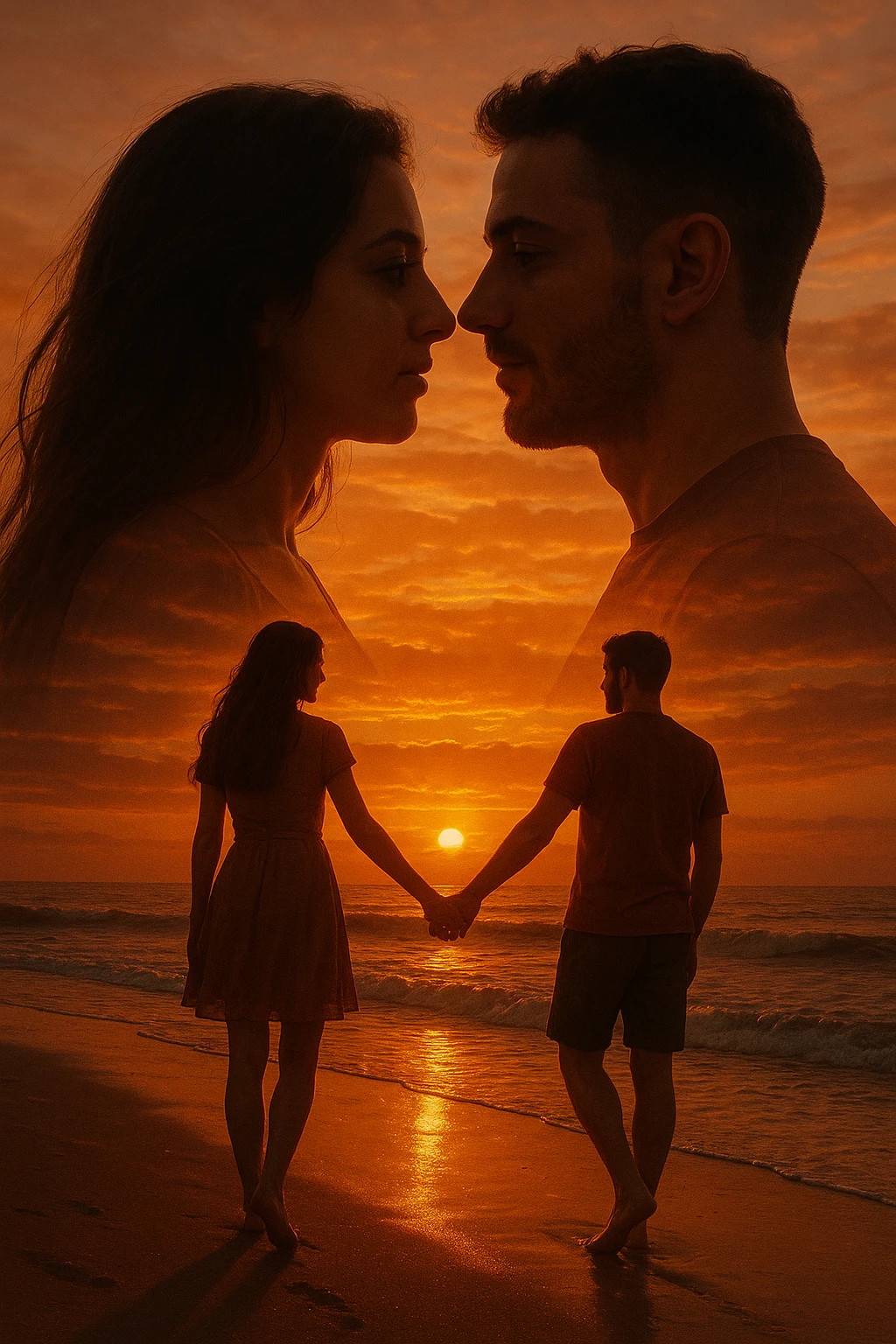 Una doppia esposizione cinematografica di noi di profilo, con un paesaggio di spiaggia al tramonto integrato nella silhouette.
La scena interna ci mostra entrambi camminare sulla sabbia bagnata, tenendoci per mano, con le onde del mare che si infrangono è facile e un cielo colorato dagli ultimi raggi di sole. Atmosfera calda e intima, toni dorati arancioni, dettagli fini ed espressivi, risoluzione 8K. emoji
