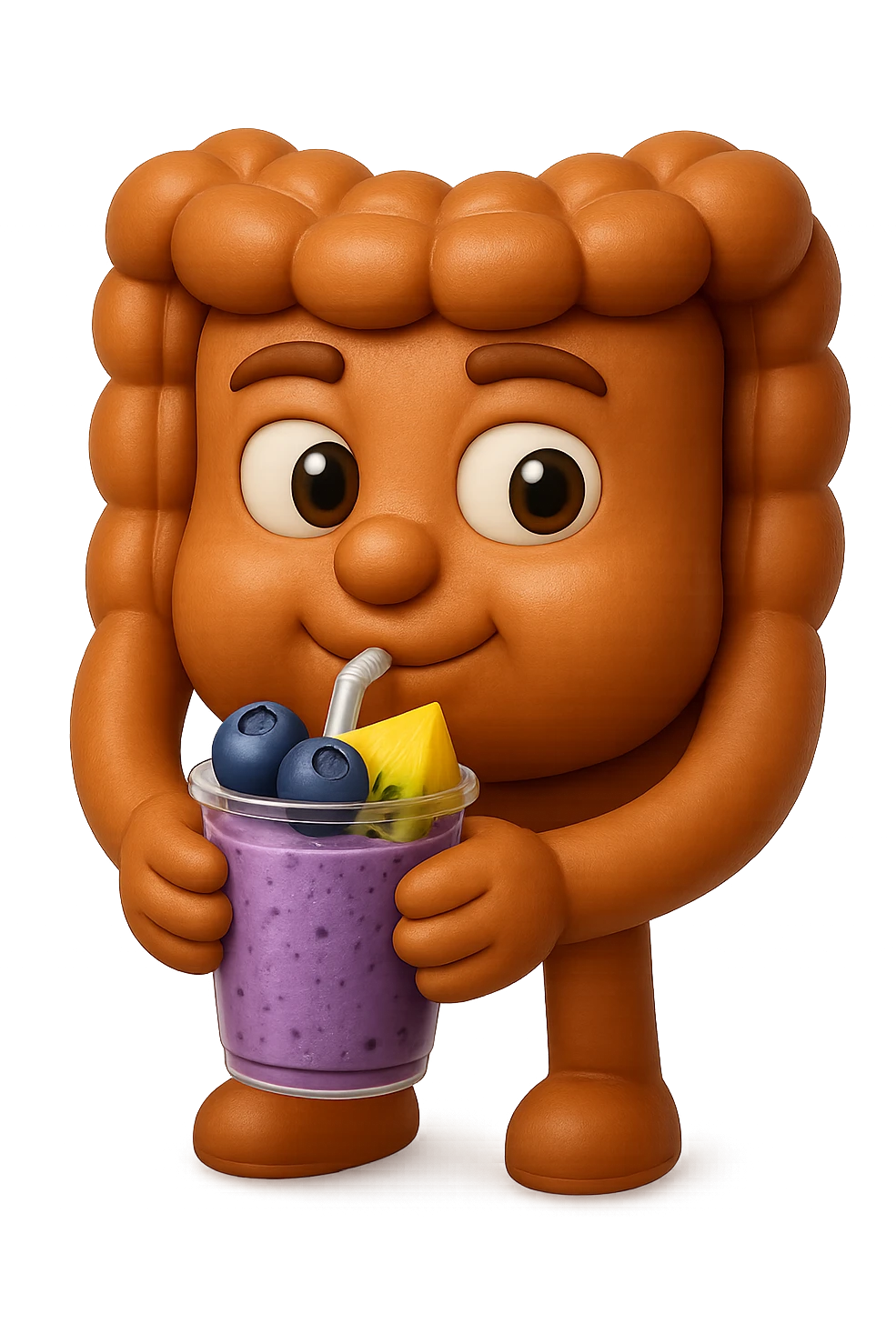 EMOJI STILE IPHONE DI un intestino umano anatomico che beve un frullato di mirtilli, ananas, kiwi, fagli anche la parte bianca degli occhi, non solo le pupille, REALISTICo 4K emoji